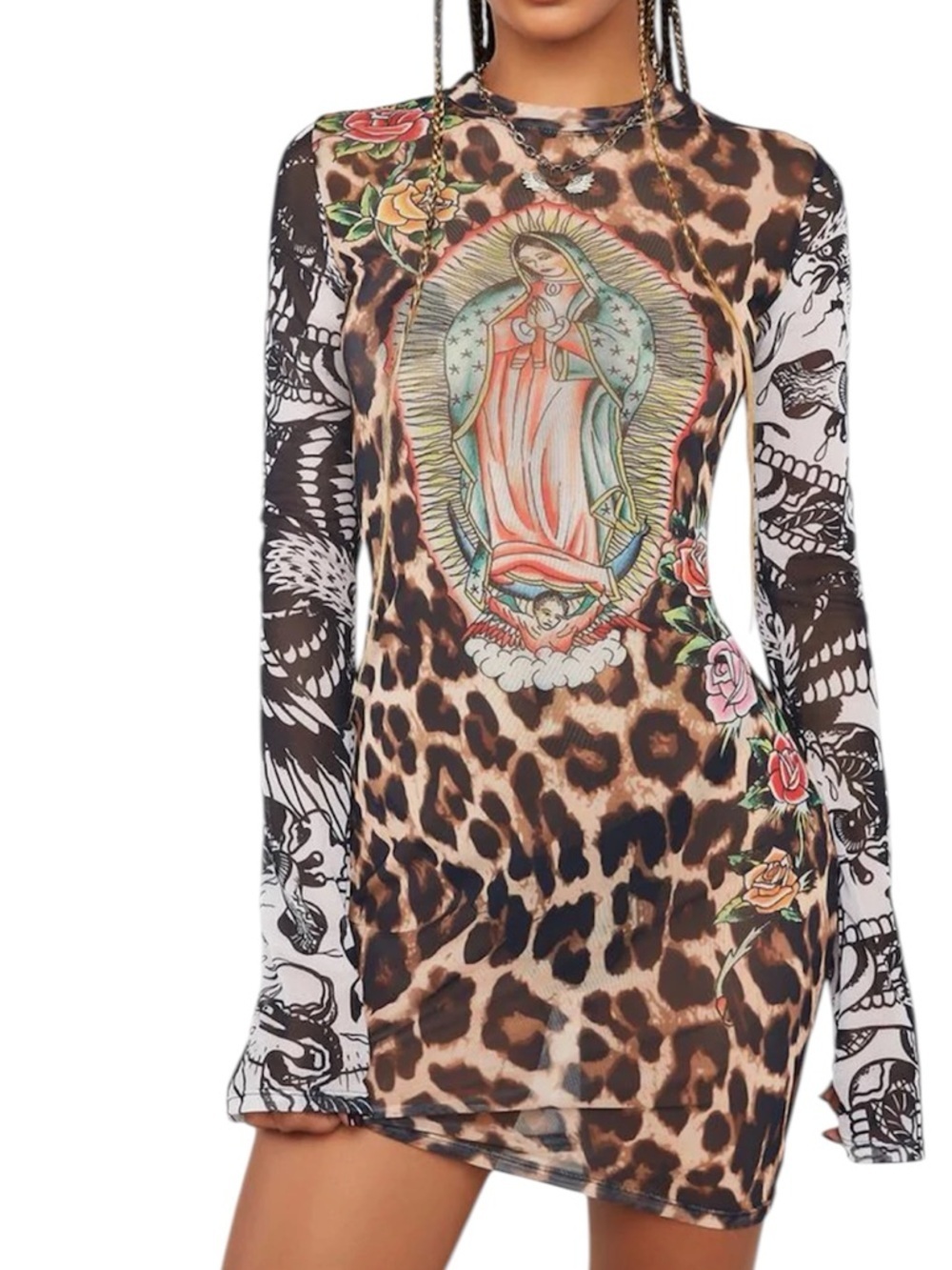 Ed Hardy Cheetah Print Mesh Bodycon Womens 2X Tattoo Logo Y2K 90s Sheer Dress